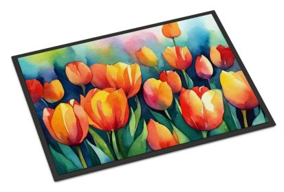 NEW Tulips in Watercolor Doormat Front Door Mat Indoor Outdoor Rugs for Entryway, Non Slip Washable Low Pile, 18H X 27W