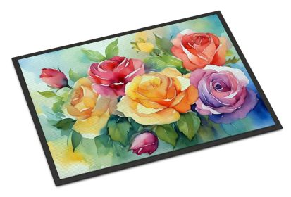 NEW Roses in Watercolor Doormat Front Door Mat Indoor Outdoor Rugs for Entryway, Non Slip Washable Low Pile, 18H X 27W
