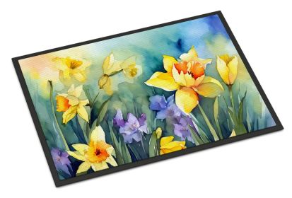 NEW Daffodils in Watercolor Doormat Front Door Mat Indoor Outdoor Rugs for Entryway, Non Slip Washable Low Pile, 18H X 27W