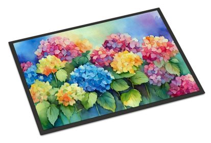 NEW Hydrangeas in Watercolor Doormat Front Door Mat Indoor Outdoor Rugs for Entryway, Non Slip Washable Low Pile, 18H X 27W