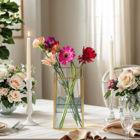 A 3.4L trapezoidal desktop glass vase with gold - inlaid edges, no welding points, and waterproof, suitable for Valentine's Day, Mother's Day