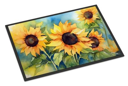 NEW Sunflowers in Watercolor Doormat Front Door Mat Indoor Outdoor Rugs for Entryway, Non Slip Washable Low Pile, 18H X 27W (Default: Default)