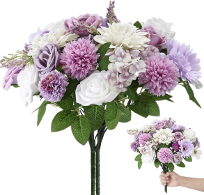 Hoteam 2 Bundles Artificial Flowers Combo Silk Mix Purple Fake Flowers with Stems Roses Chrysanthemum Dahlia Greenery Combo Set for DIY Wedding B (Color: Purple Series)