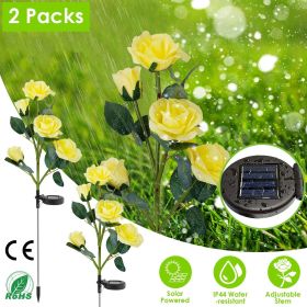 2Pcs Solar Powered Lights Outdoor Rose Flower LED Decorative Lamp Water Resistant Pathway Stake Lights For Garden Patio Yard Walkway (Color: Yellow)